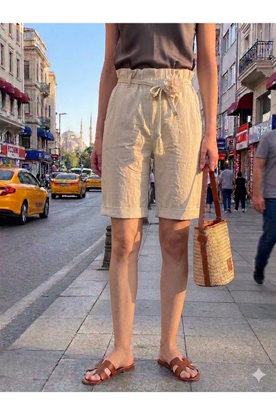 AYASOFYA OTANTIK Women's Italian Beige Elastic Waist Floral Straw Belted Berm...