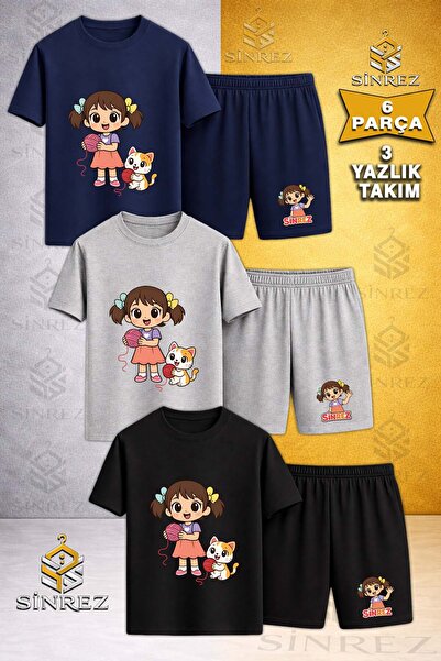 SİNREZ 3-Piece Kids' Girls Cat Ip Printed Crew Neck T-Shirt - Shorts Set