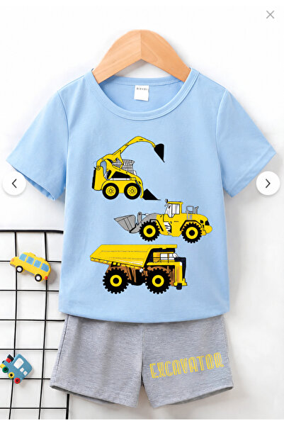Excavator Printed Kids Baby Blue T-Shirt- Gray Shorts Set - Kids Summer Zero Collar
