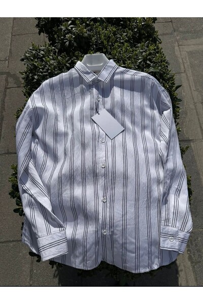 AURA GİYİM Men's Three Stripes Linen Oversize Relaxed Fit Long Sleeve Summer ...