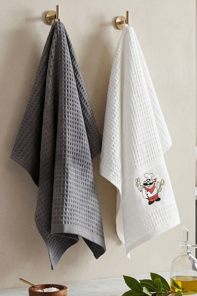 Zühre Home Set of 2 Cotton Waffle Kitchen and Drying Towels |   High Absorbency, Fast Drying |   45X70 cm