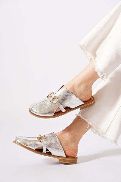 Moda Pie Holer Women's Genuine Leather Slippers with Side Open Buckle Silver