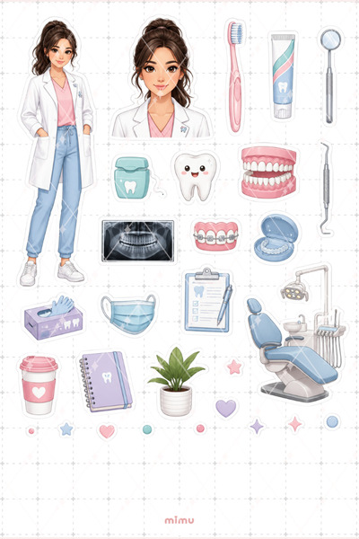 Mimu Art Studio Diş Hekimi Kız Sticker Seti Dişçi Klinik Temalı Dekoratif 2'l...