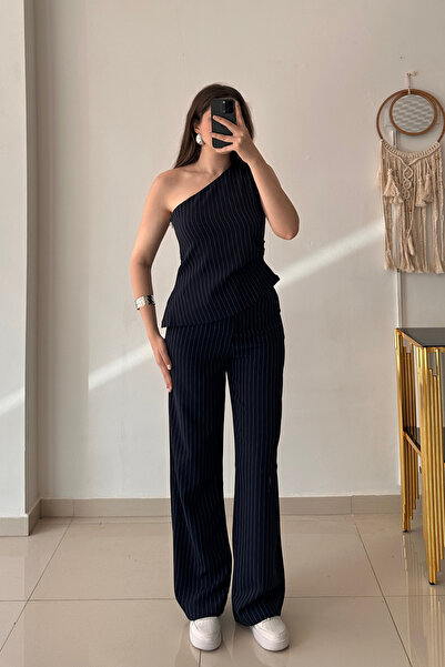 Sorridi Navy Blue Striped One-Shoulder Draped 2-Piece Set