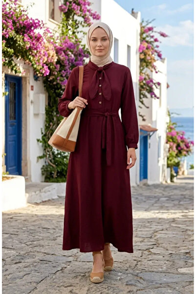 sefamerve Scarf Collar Half Button Belted Dress 2262-03 Claret Red