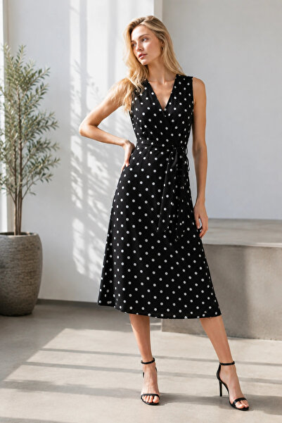 Lusin Women's Black Polka Dot Double Breasted Collar Belted Stretch Fabric Sl...