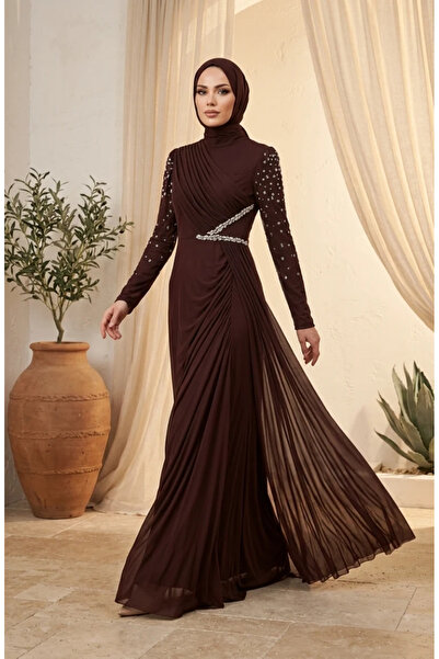 sefamerve Rochie de seară Tesettür din tul cu pietre 5723-01 Maro