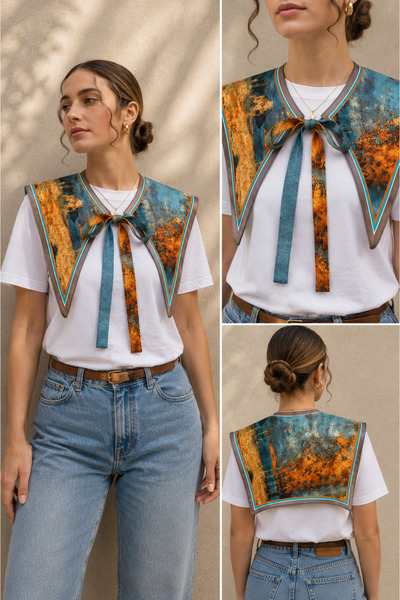 CYB STUDİO Orange Patterned Shawl with Removable Collar