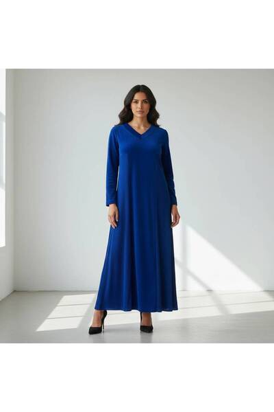 RARA Plain Velvet Dress with Pleated Sides - Indigo