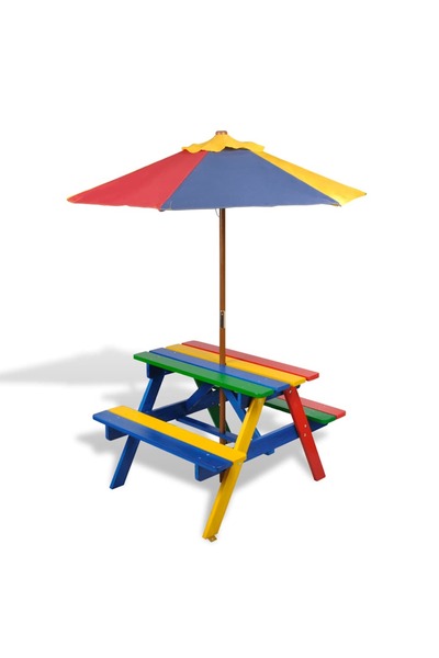 vidaxl Masă de picnic pentru copii cu bănci și umbrelă, lemn multicolor