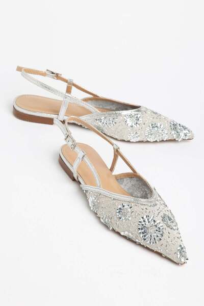 Dilimler Ayakkabı Women's Ballet Flats Silver Mesh Sequin Pointed Open Back