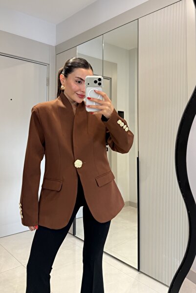 Gizem Ecemiş Harward Acı Kahve Gold Düğmeli Blazer Ceket