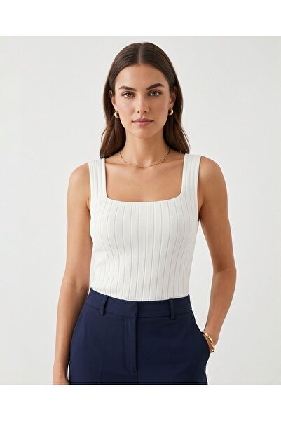 Trend Kapında Summer Wide-Strapped Square Neck Ribbed Knit Blouse Undershirt