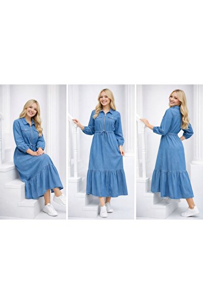 esmagül kids ESMAGÜL GRLS Luna Denim Görünümlü Fermuarlı Uzun Elbise