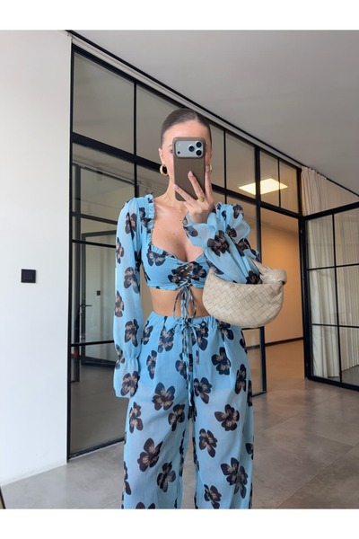 BB Bensu Buyruk Balon Kol Crop Bluz Blue