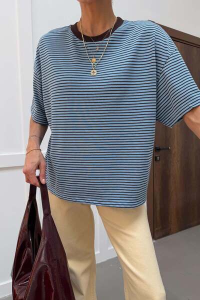 mylove Contrast Collar Striped Tshirt Blue