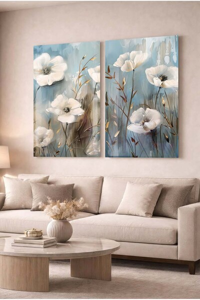 Zevahir Mobilya Dekorasyon Blue and White Floral Modern Decorative Glass Pain...