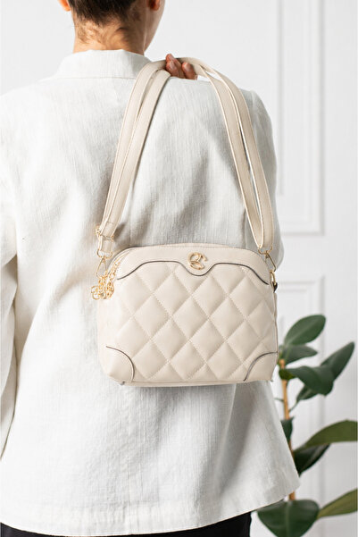 MILANOFOX Women's Cream Leather Quilted Gold Detailed Lined 3-Compartment Dai...