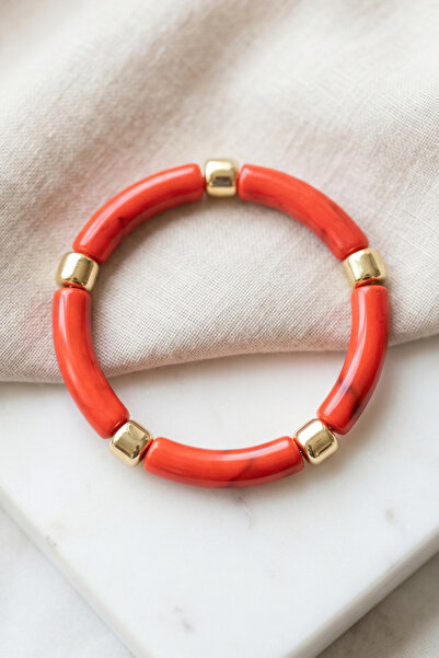 AURRARİ Red Patterned Stone Gold Cylinder Detailed Bracelet