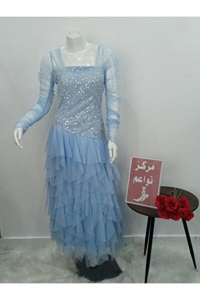 NAWAEIM Sky Blue Tulle Evening Gown with Multiple Layers and Sparkling Sequins