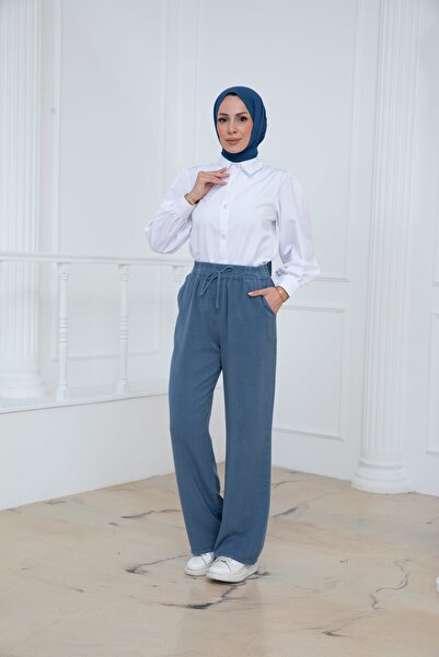 PAVENTİ Elastic Waist Pocketed Tencel Trousers Blue