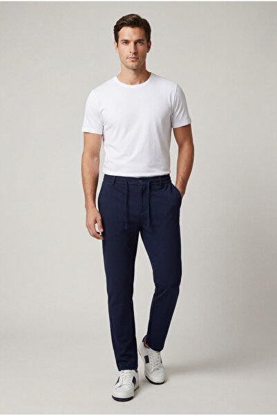 BRACCAS Men's Navy Blue Slim Fit Half Elastic Waist Lace-Up Soft Buttoned Jog...
