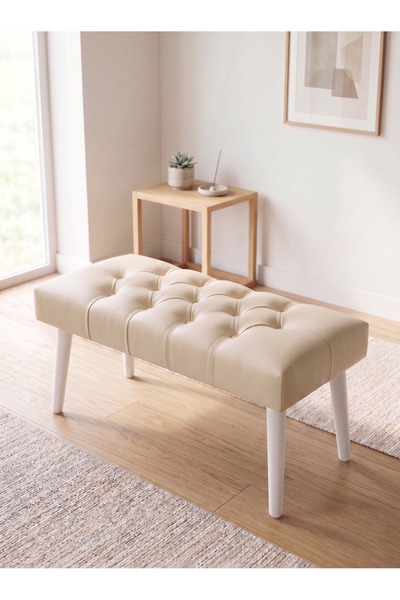 Azra Aksesuar Modern Kapitoneli Krem Deri Kumaş Bench Puf Oturma Bankı Ahşap ...
