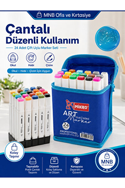 Mikro Art 24'lü Profesyonel Marker Seti - Özel Çantalı Çift Uçlu İnce ve Kalı...