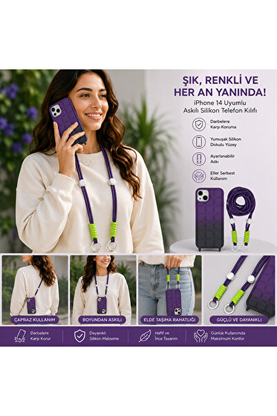 Nettech iPhone 14 Askılı Silikon Kılıf Boyun Askılı Telefon Kılıfı