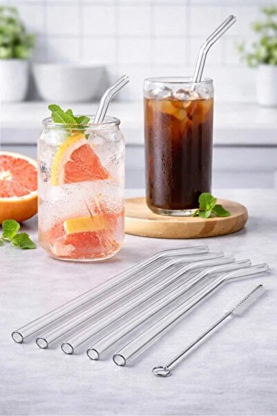 SELANİKLİ 6 Pieces of Inclined Sturdy Glass Straws + 1 Piece of Brush (the St...