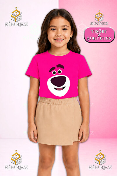 SİNREZ Girl's Set Bear Smiling Face Printed Short Sleeve T-Shirt Shorts Skirt