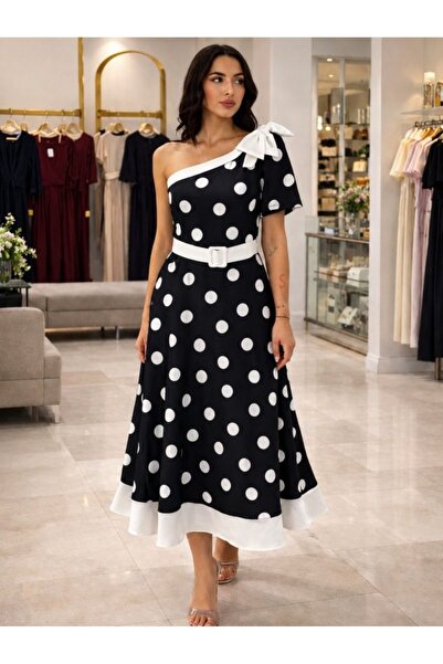 JANES Women's Polka Dot One-Shoulder Belted Ribbon Detailed Midi Stylish Dres...