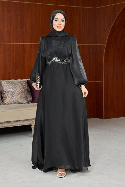 Abiye Diyarı Mosera Janjan Fabric Waist Belted Lined Hijab Evening Dress