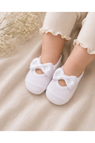 PonçiKids Kız Bebek Beyaz Fiyonklu Babet Çorap Pamuklu Balerin Çorap