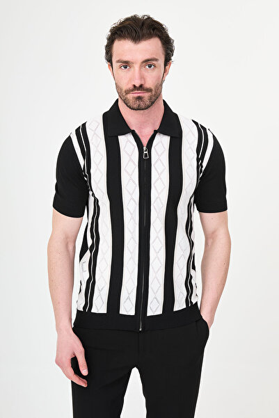 Mcr Patterned Slim Fit Polo Collar Zippered Short Sleeve Men's Knitwear T-Shi...