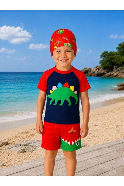 My Kids Wear Boys' Dinosaur Patterned Swim Shorts Set – 3 Piece Swimsuit Set ...