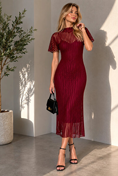 Lusin Women's Burgundy Lined Bodycon Midi Length Stylish Tulle Dress