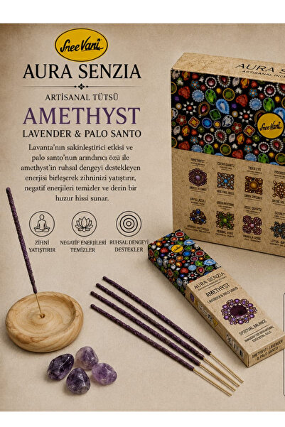 Aura Senzia Amethyst Artisanal Incense - Lavender & Palo Santo Extract Calming And Energy Cleansing Natural Stick Incense (Pack of 8)