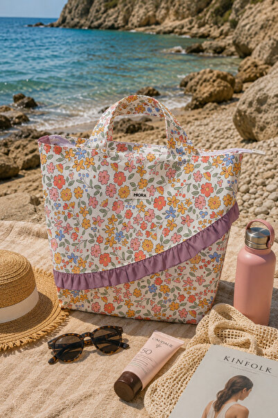 MIORA BAG Mor ve Çiçek Kombinasyonlu Fırfır Detaylı Plaj Çantası- Duck Kumaş