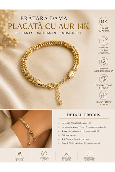 OEM Brățară Damă Placată cu Aur 14K, Design Împletit Premium, Reglabilă 17+5 ...