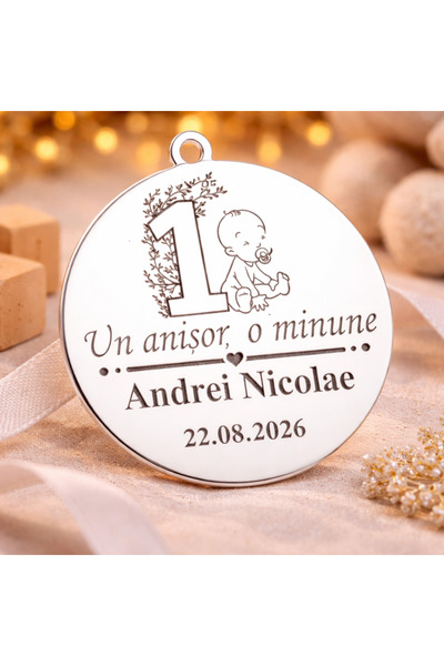 Simoshop Pandantiv monedă de argint 22 mm pentru Botez – „Un an, un miracol” ...