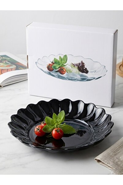 abnturk Siyah Cam Büyük Boy Servis Tabağı Oval Kayık Tabak 31,5x 26,5 cm