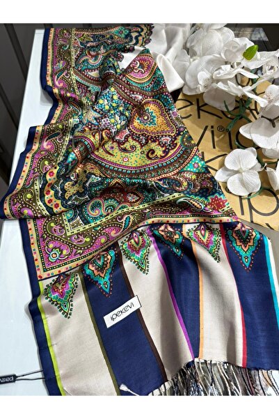 ipekevi İnci Beyazı Çerçeve Paisley Desenli İpek ŞaL