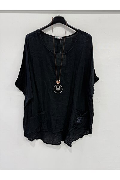 della moor Black Italian Plus Size Asymmetrical Cut Long Blouse Tunic with Ne...