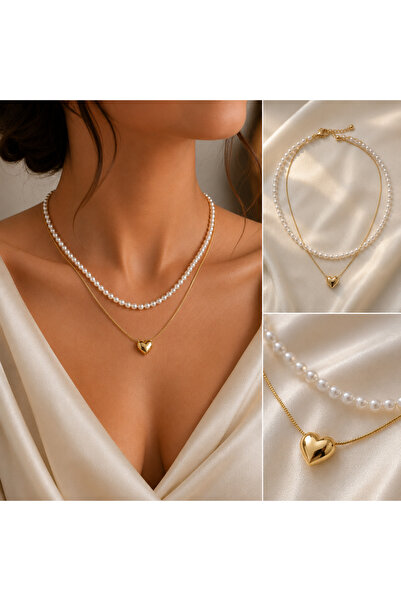 Dyg Glow Fashion Jewelry İnci Detaylı Kalp Figürlü Katmanlı Kadın Kolye