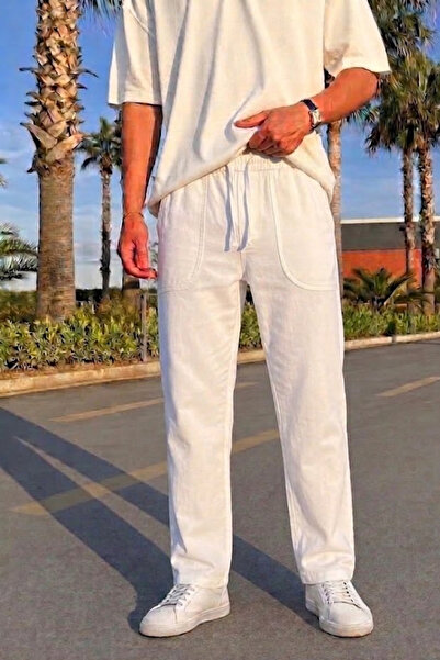 MATERIAL Men's Elasticated Loose White Linen Look Trousers