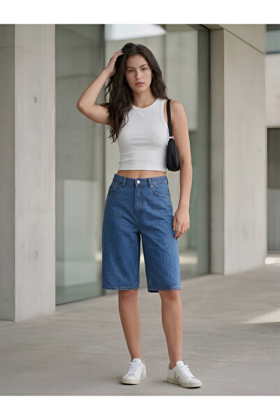 Elyra Style Yüksek Bel Denim Şort Kadın Bol Kesim Diz Altı Jean Şort