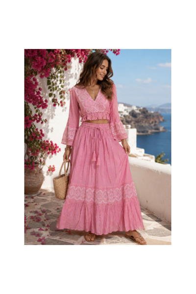 Boho Set Manvi cu flori din dantelă roz