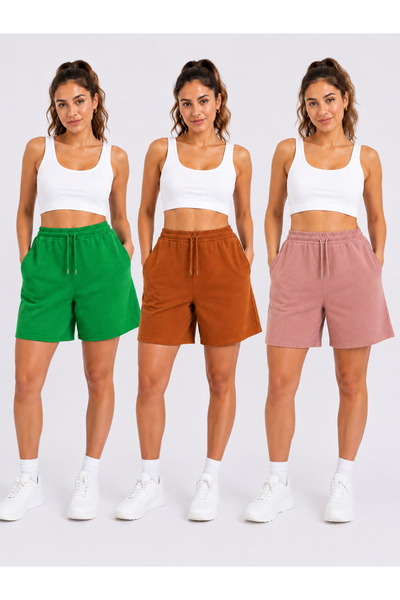POLYMOOD 3'Lü Set Oversize Belden Bağlamalı Cepli Penye Şort 40 CM
