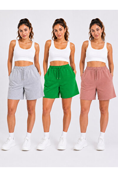 POLYMOOD 3'Lü Set Oversize Belden Bağlamalı Cepli Penye Şort 40 CM